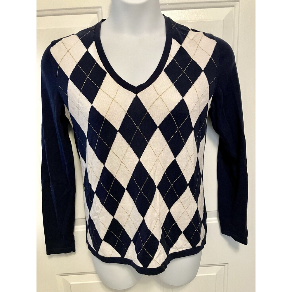 Tommy Hilfiger Sweater Sz Large Navy Blue Argyle Casual Pullover Women’s‎